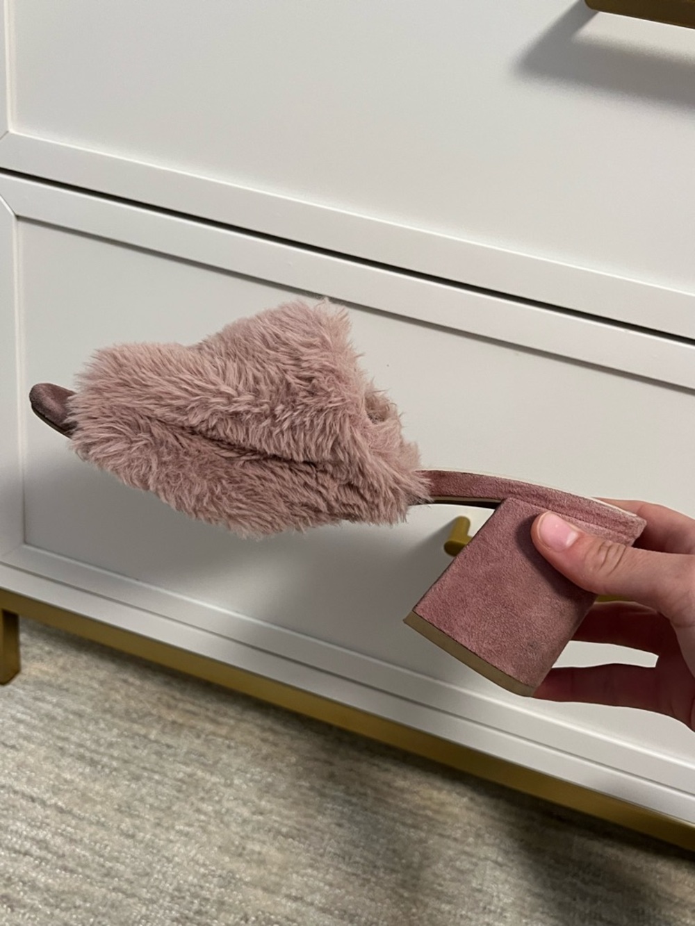 Seychelles Blush Pink Faux Fur Open-Toe Block Heel Mules